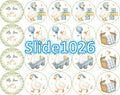 Hoja con 20 círculos Silly Goose para baby shower, con gansitos, bloques de bebé y detalles en azul y verde.
