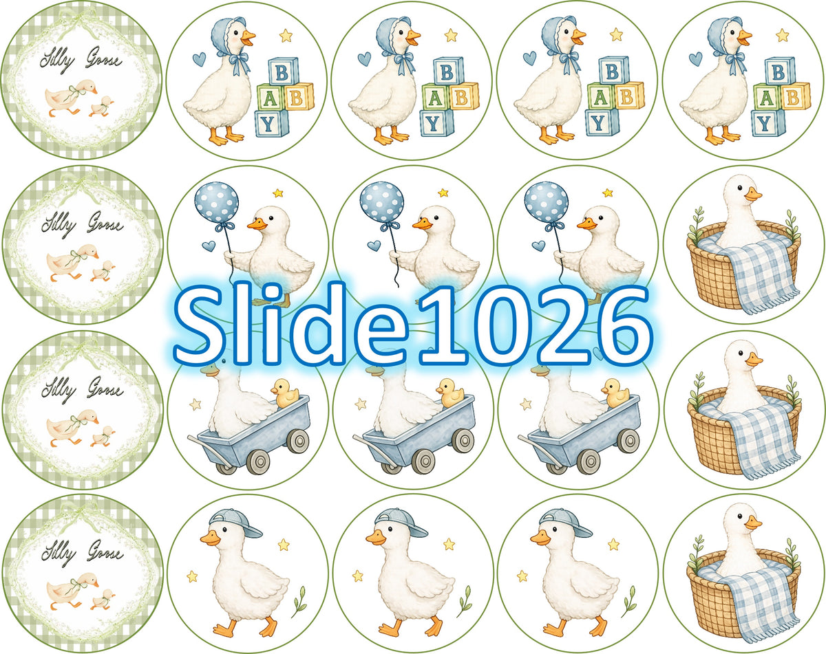Hoja con 20 círculos Silly Goose para baby shower, con gansitos, bloques de bebé y detalles en azul y verde.
