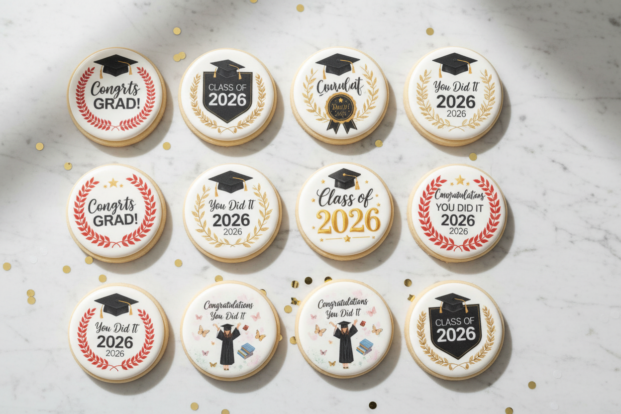 Sugar sheet for dessert decoration, (Graduation) 20 round images of 1.81”