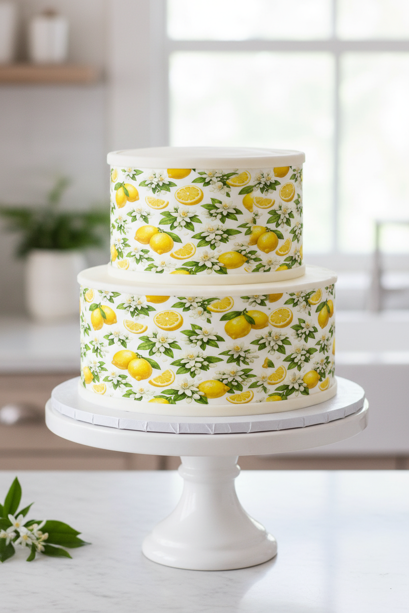 Pastel de 2 pisos decorado con hoja de azúcar de diseño de limones y flores blancas