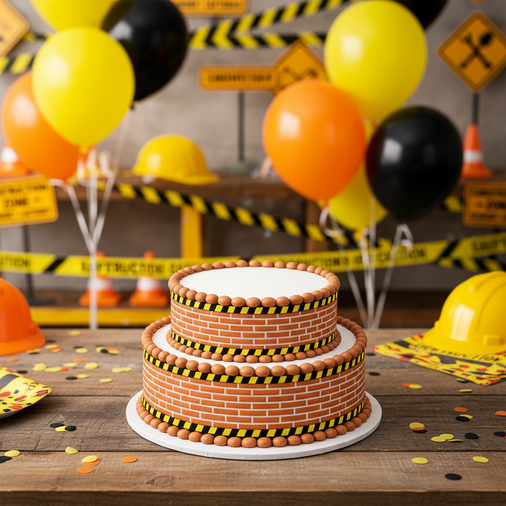 Pastel construcción con fondo de fiesta