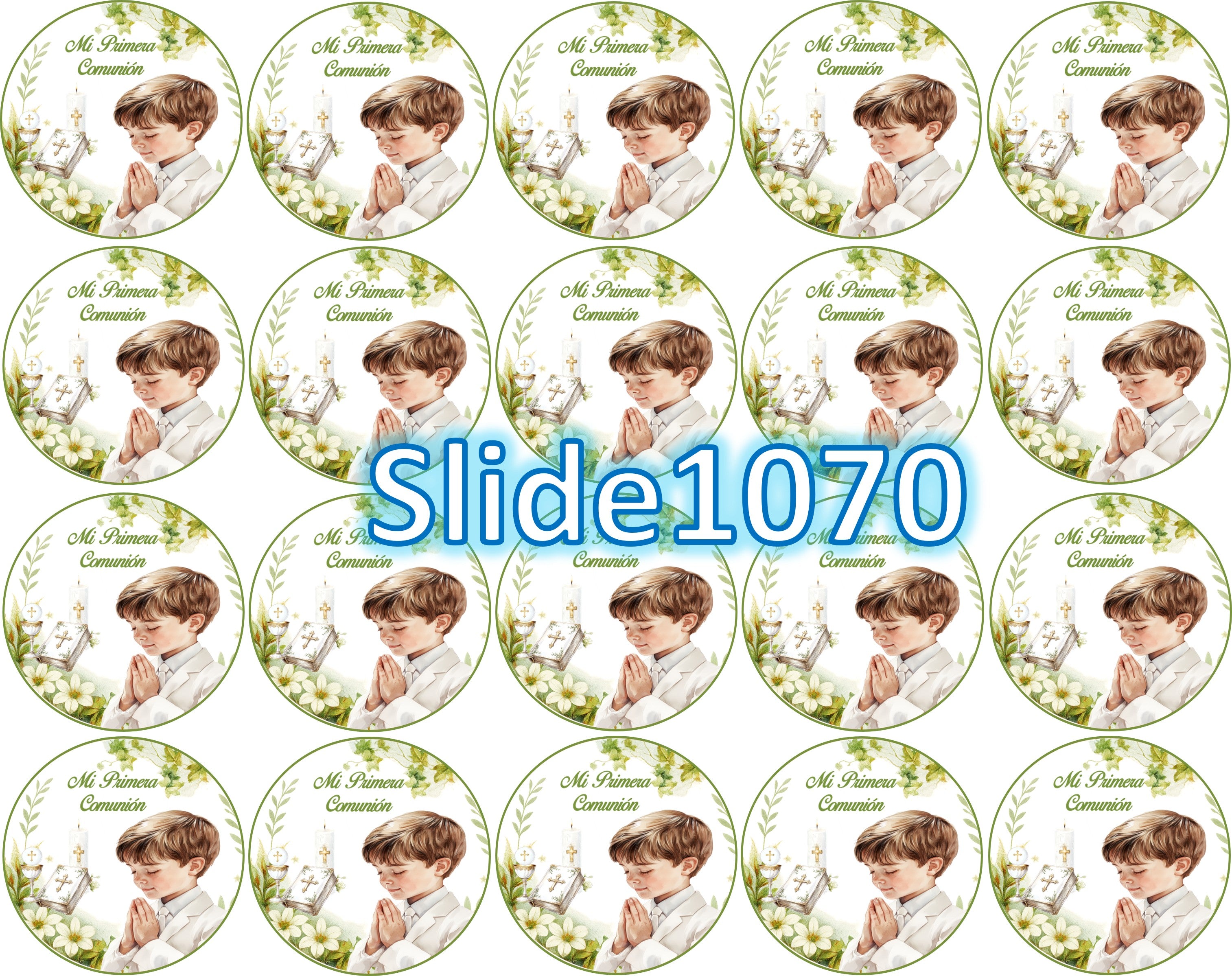 Sugar sheet for dessert decoration, (First Communion) 8” or 20 round images of 1.81”