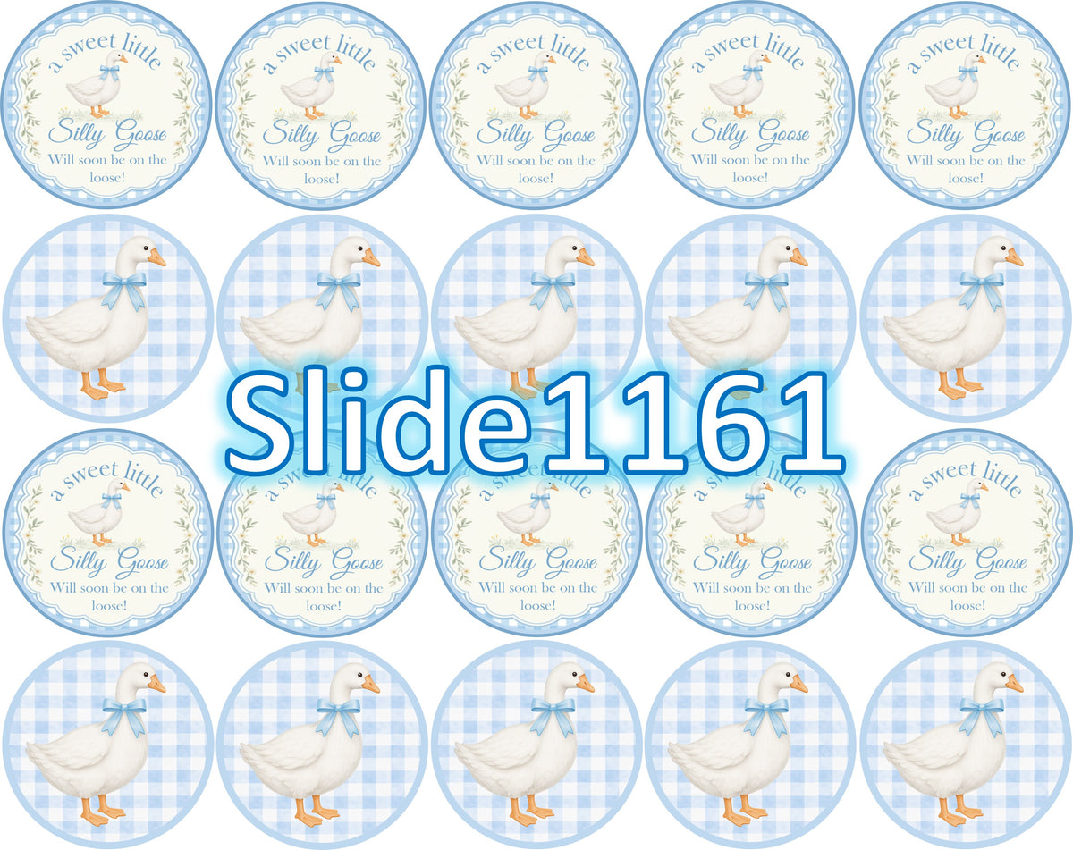 Hoja con 20 círculos Silly Goose para baby shower, con gansitos de lazo azul y fondo de cuadros azul claro.
