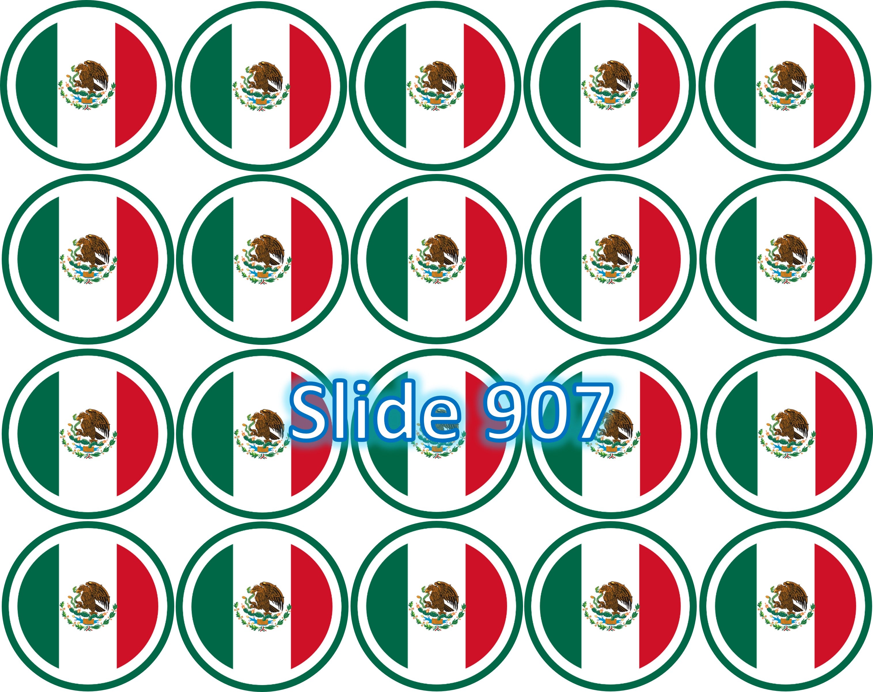 Hoja de azúcar para decoracion de postres, (Fiesta Mexicana) de 8” o 20 imagenes de 1.81” en redondo