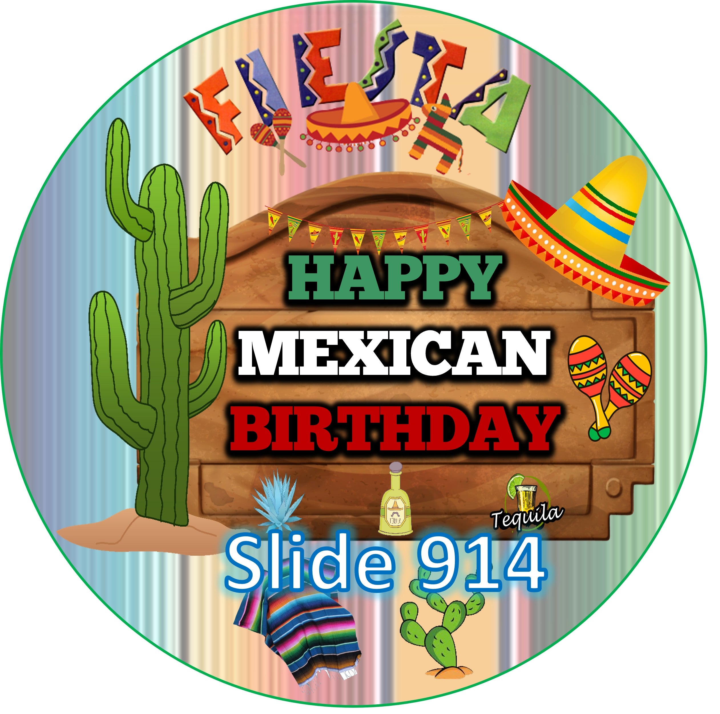 Hoja de azúcar para decoracion de postres, (Fiesta Mexicana) de 8” o 20 imagenes de 1.81” en redondo