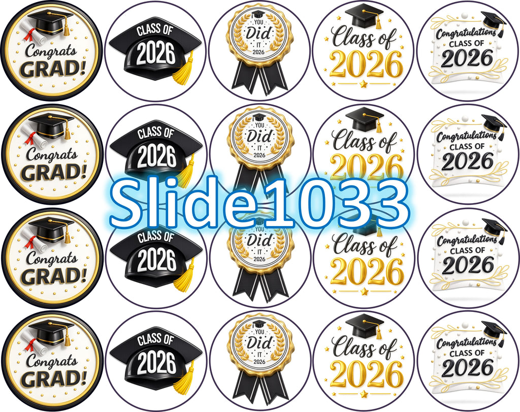 Papel de azúcar comestible para oreos, cupcakes y mas… (Graduación) 20 imágenes de 1.81” en redondo