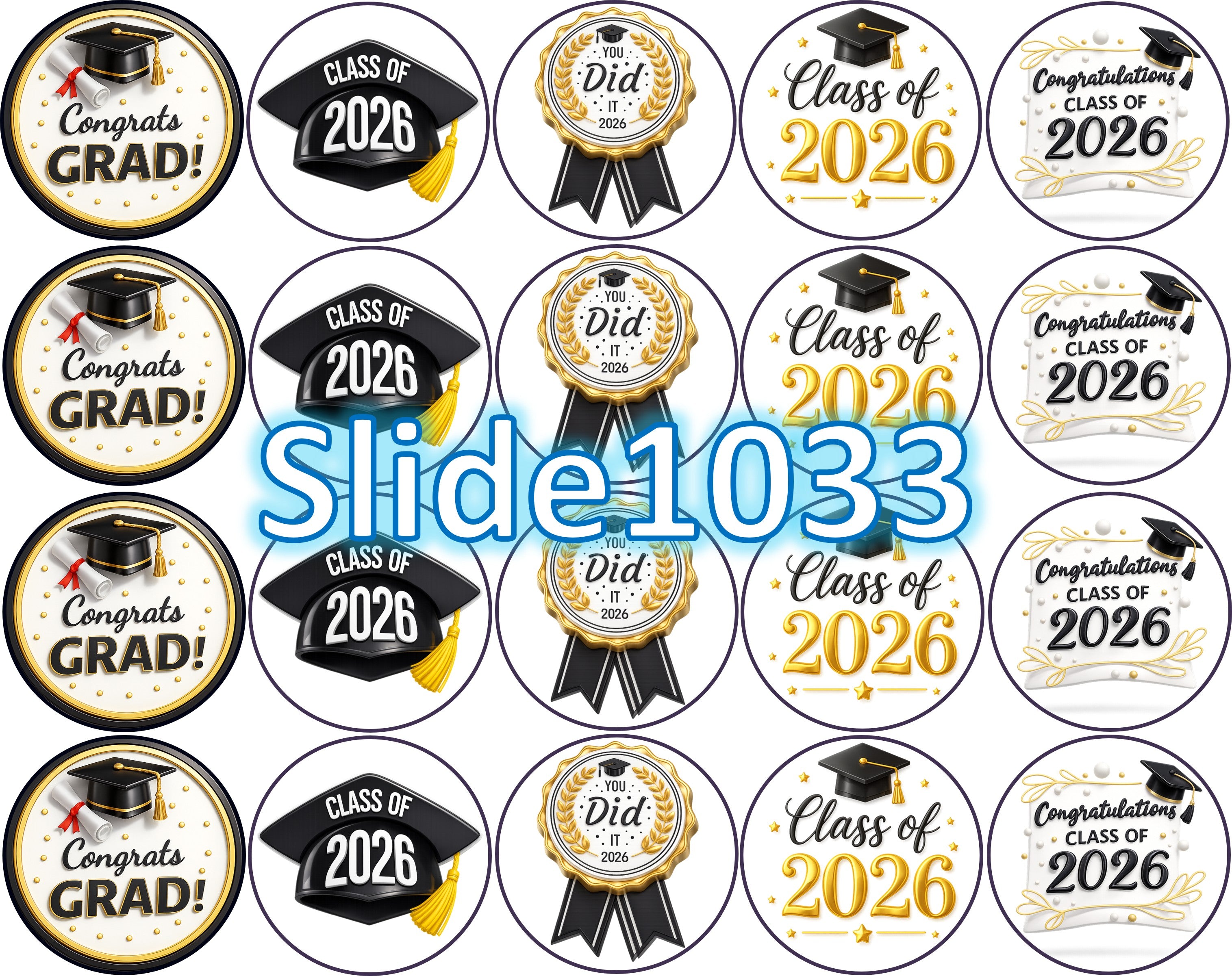 Papel de azúcar comestible para oreos, cupcakes y mas… (Graduación) 20 imágenes de 1.81” en redondo